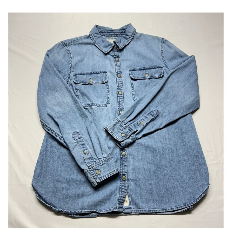 L.L.Bean Blue Solid Denim Button-Up Long Sleeve Shirt Size S